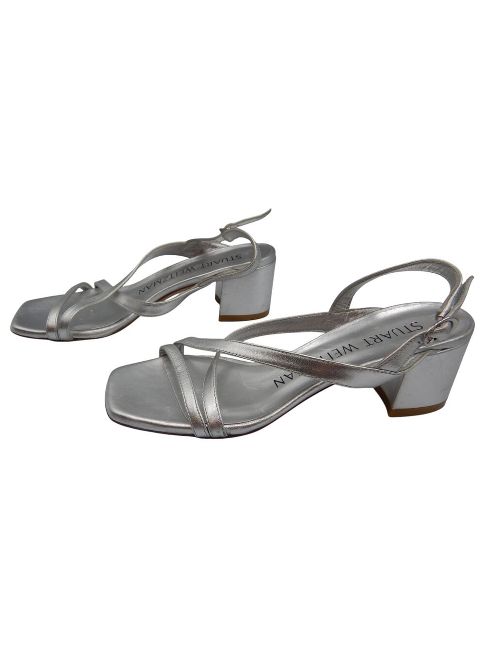 Stuart Weitzman Oasis 50 Sling Back Block Heels Sandals Metallic Silver Size 5B